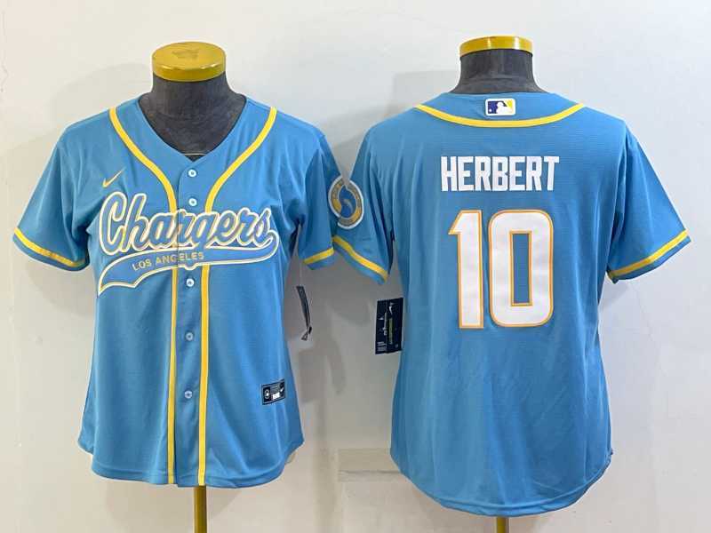 Women%27s Los Angeles Chargers #10 Justin Herbert Blue With Patch Cool Base Stitched Baseball Jersey